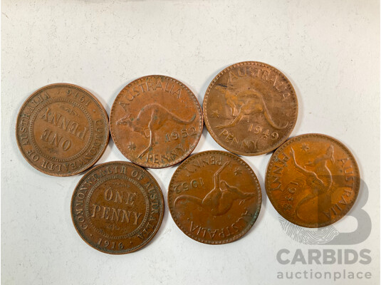 Six Australian Pennies Including 1916I with Two Empty Albums and Six Vintage Calico Bank Bags