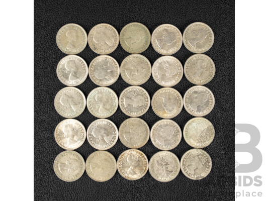 Twenty Five Australian Silver QE2 Sixpence, Examples Spanning 1960 to 1963 .500