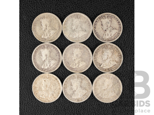 Nine Australian KGV Silver Sixpence Including 1911, 1916, 1917, 1920(2) 1924, 1926(2) 1927 .925