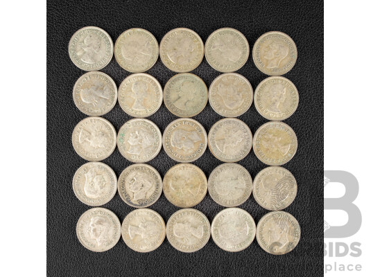 Twenty Five Australian Silver Sixpence, Examples Spanning 1950 to 1962 .500