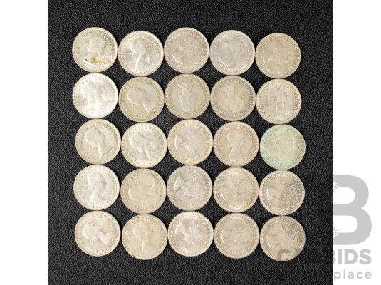 Twenty Five Australian Silver QE2 Sixpence, Examples Spanning 1954 to 1963 .500