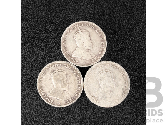 Three Australian 1910 KEVII Silver Shillings .925