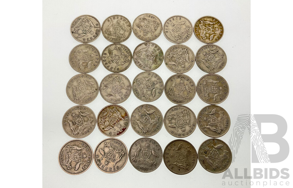 Twenty Five Australian KGVI Silver Sixpence Including Years 1950, 1951, 1952 .500