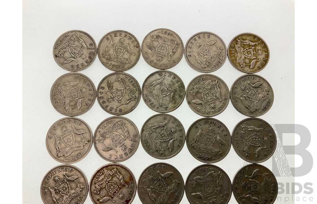 Twenty Five Australian KGVI Silver Sixpence Including Years 1950, 1951, 1952 .500