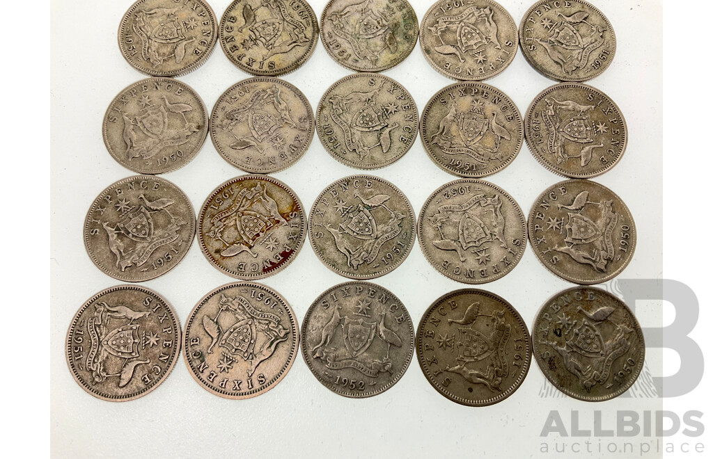 Twenty Five Australian KGVI Silver Sixpence Including Years 1950, 1951, 1952 .500