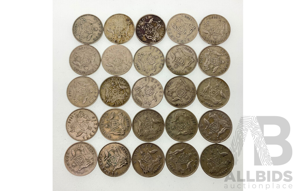 Twenty Five Australian QE2 Silver Sixpence, Examples Spanning 1953 to 1959  .500