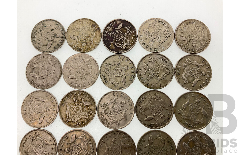 Twenty Five Australian QE2 Silver Sixpence, Examples Spanning 1953 to 1959  .500