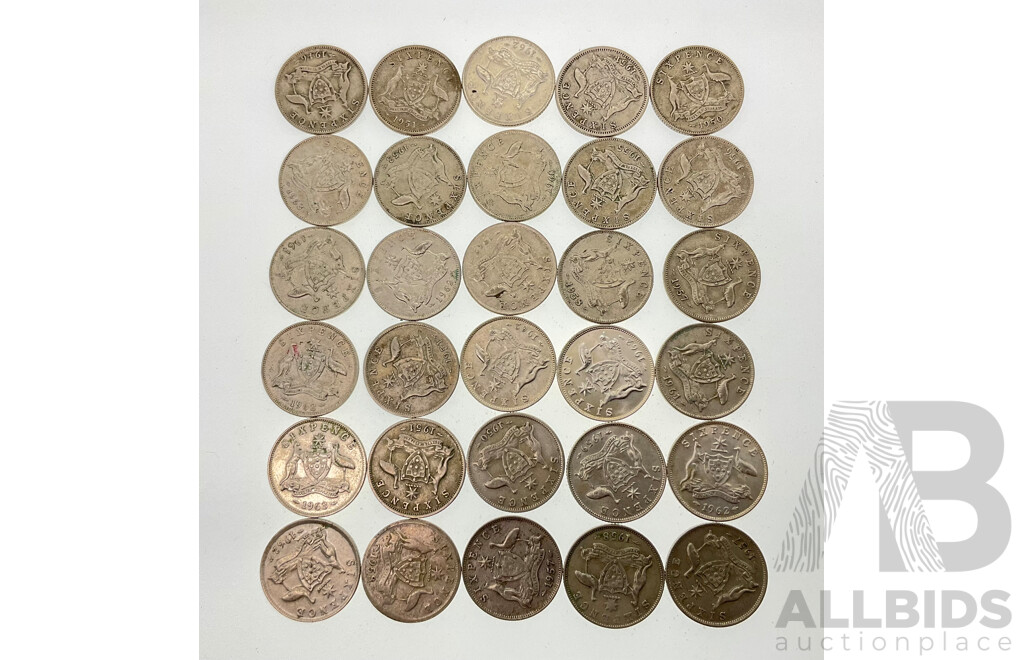 Thirty Australian KGVI/QE2 Silver Sixpence, Examples Spanning 1946 to 1963 .500