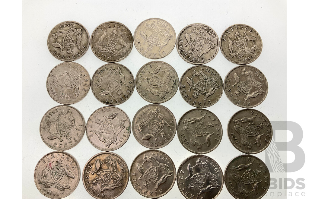 Thirty Australian KGVI/QE2 Silver Sixpence, Examples Spanning 1946 to 1963 .500