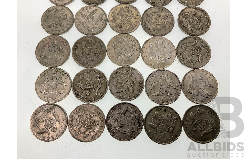 Thirty Australian KGVI/QE2 Silver Sixpence, Examples Spanning 1946 to 1963 .500