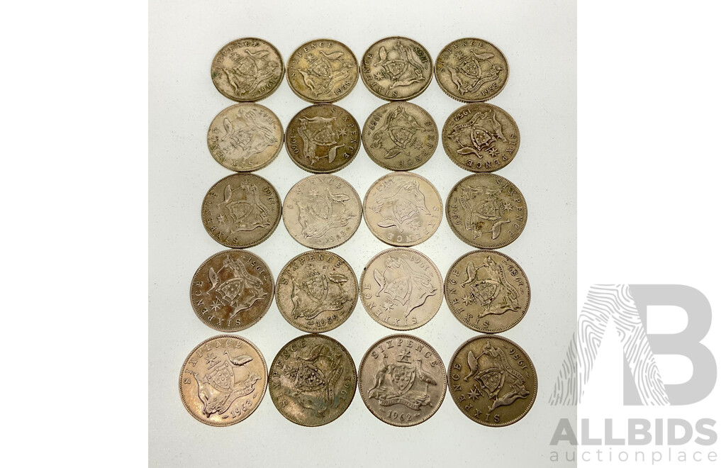 Twenty Australian KGVI/QE2 Silver Sixpence, Examples Spanning 1951 to 1963 .500