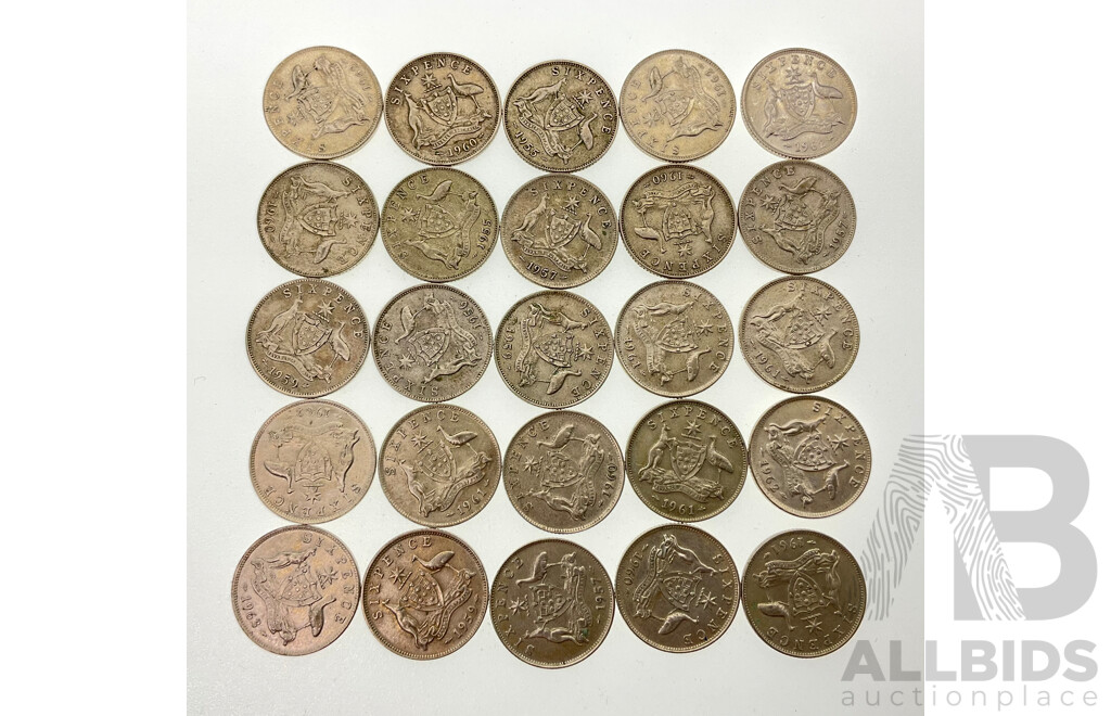 Twenty Five Australian QE2 Silver Sixpence, Examples Spanning 1954 to 1962  .500