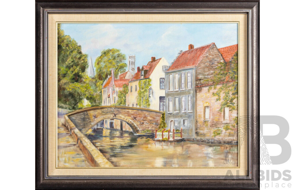 Artist Unknown, (20th Century), Country Village by River with Bridge, Original Vintage Oil on Canvas Board, 52 x 62 cm (frame)