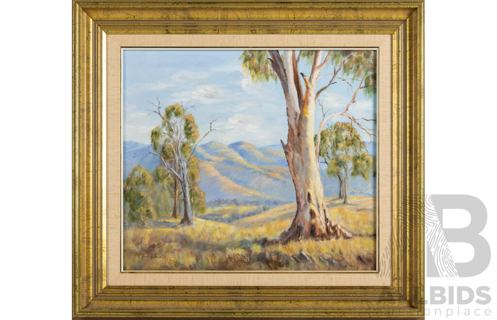 L. Livingstone, (20th Century, Australian), Landscape - Blue Mountains with Gums, Wonderful Original Vintage Oil on Canvas Board, 50 x 55 cm (frame)