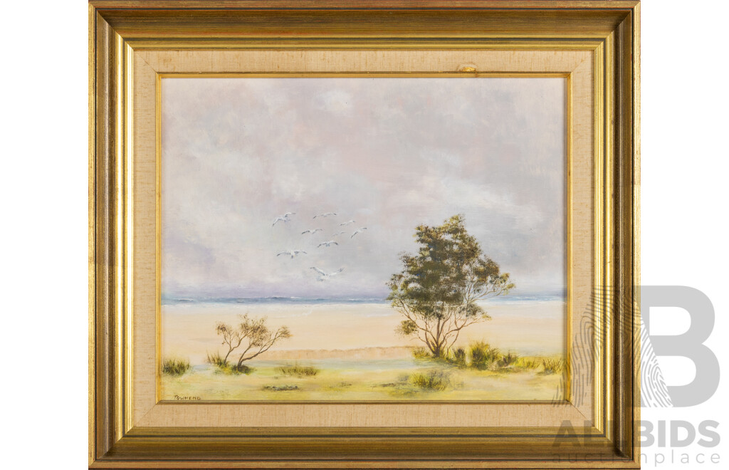 Townend (20th Century), Gulls & Clouds, Original Vintage Oil on Masonite Board, 42 x 50 cm (frame)