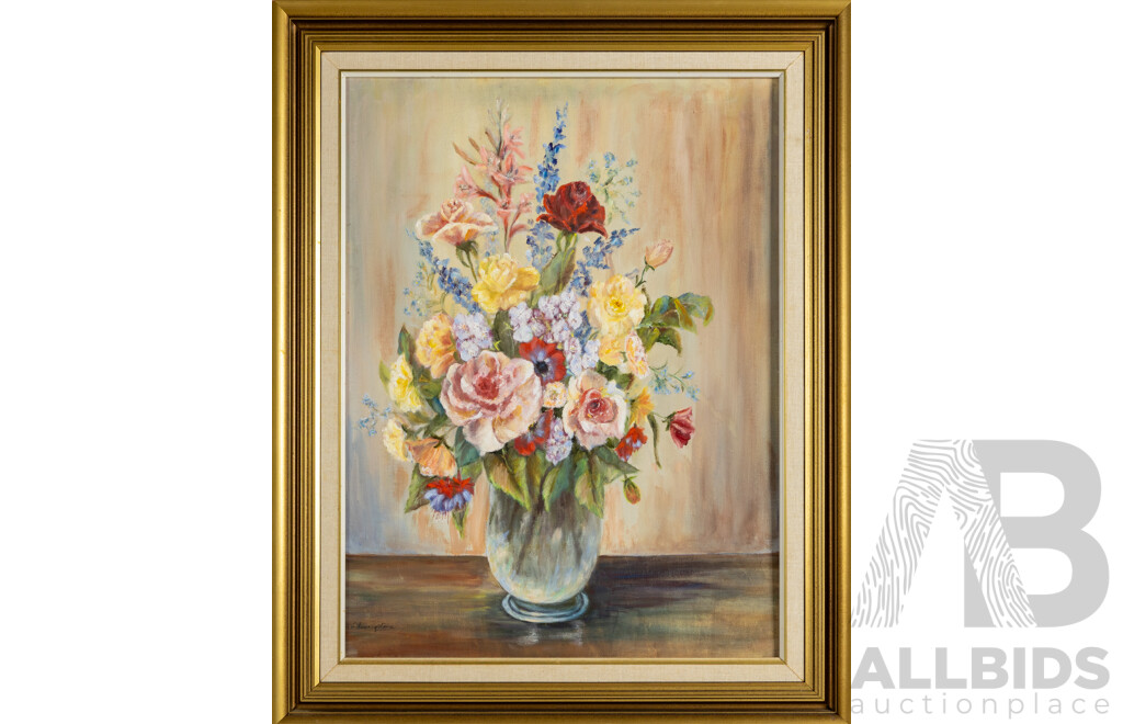 L. Livingstone, (20th Century, Australian), Still Life - Posy in Blue Vase, Wonderful Original Vintage Oil on Canvas Board, 74 x 60 cm (frame)