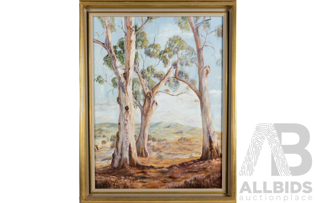 Artist Unknown (20th Century), White Gums and Open Valley, Lovely Original Vintage Oil on Canvas Board, 70 x 55 cm (frame)