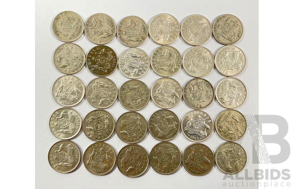 Thirty Australian QE2 Silver Sixpence, Examples Spanning 1957 to 1963 .500