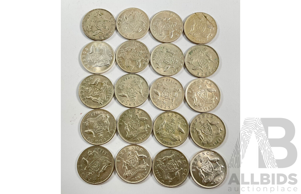 Twenty Australian QE2 Silver Sixpence, Examples Spanning 1954 to 1963 .500