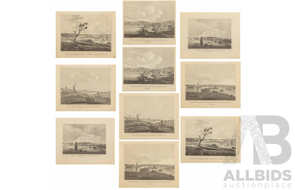 Collection of Ten Antique Sydney in 1796 -1807 Steel Engraving Prints on Paper, Originally Published by David Collins Esq c1798, 24 x 30 cm (sheets) (10)