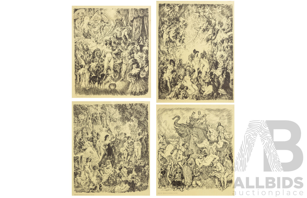 Norman Lindsay (19/20th Centuries, Australian, 1879-1969), Merchandise & More, Four Norman Lindsay Vintage Reproduction Prints Produced with Permission of Lindsay's Daughter, 59 x 45 cm (largest) (4)
