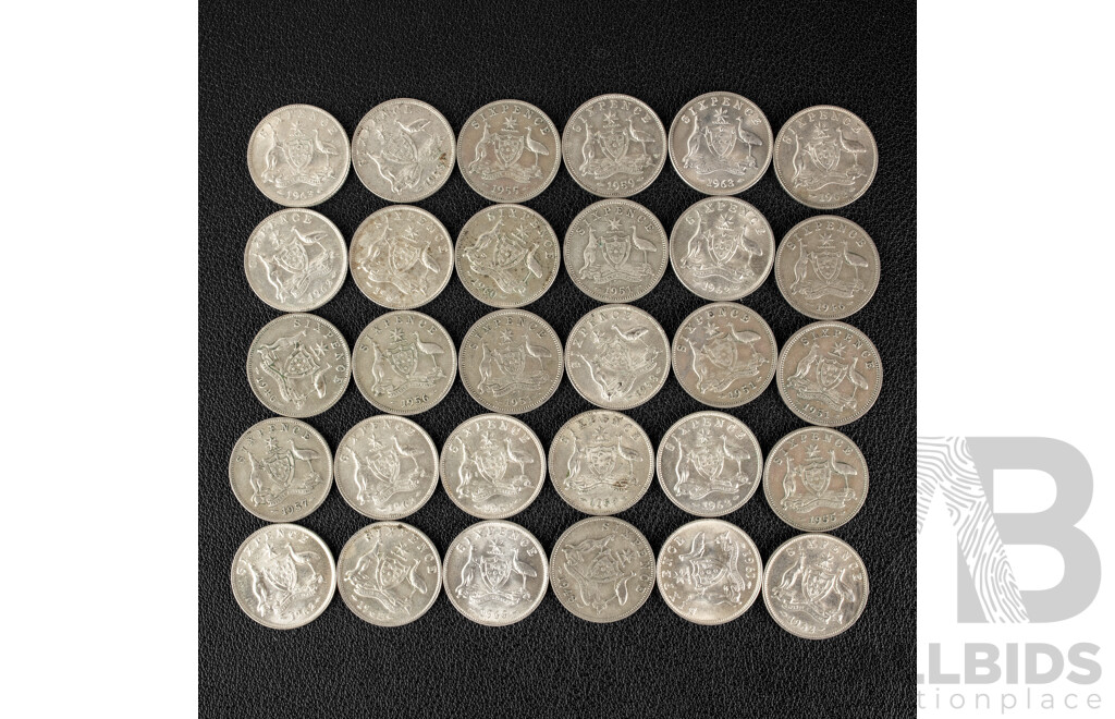Thirty Australian KGVI/QE2 Silver Sixpence, Examples Spanning 1946 to 1963 .500