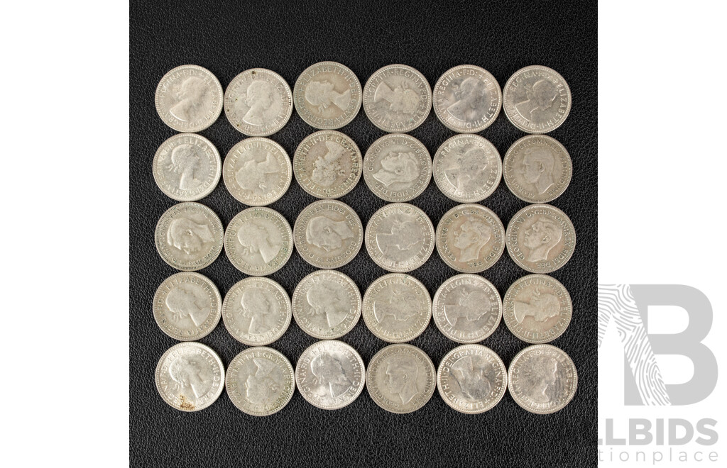 Thirty Australian KGVI/QE2 Silver Sixpence, Examples Spanning 1946 to 1963 .500