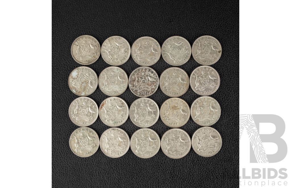 Twenty Australian QE2 Silver Sixpence, Examples Spanning 1953 to 1959 .500