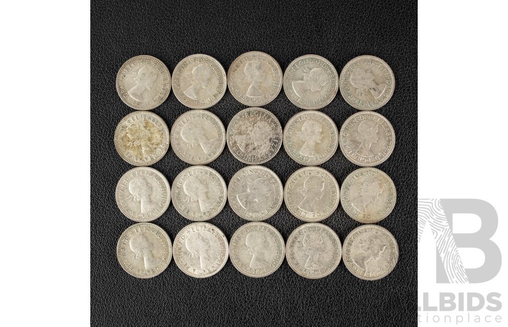 Twenty Australian QE2 Silver Sixpence, Examples Spanning 1953 to 1959 .500