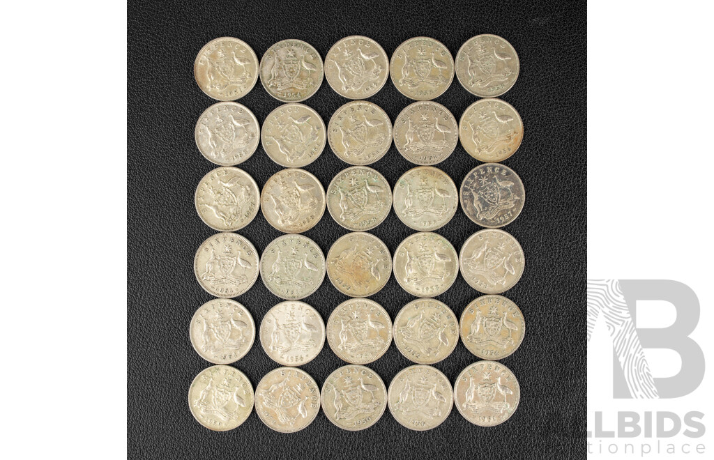 Thirty Australian KGVI/QE2 Silver Sixpence, Examples Spanning 1950 to 1959 .500