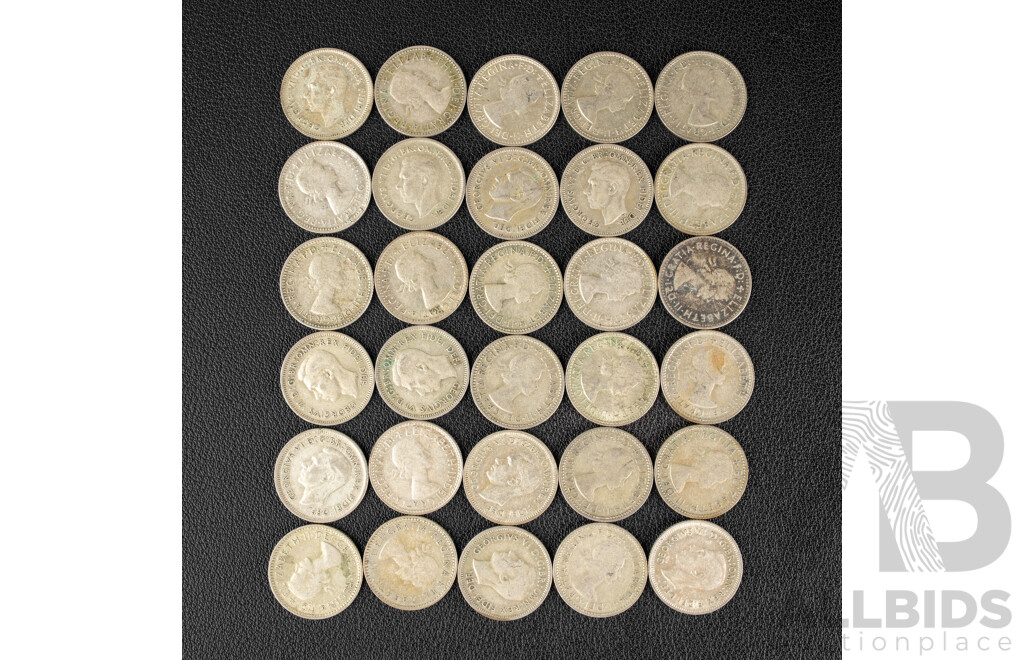 Thirty Australian KGVI/QE2 Silver Sixpence, Examples Spanning 1950 to 1959 .500