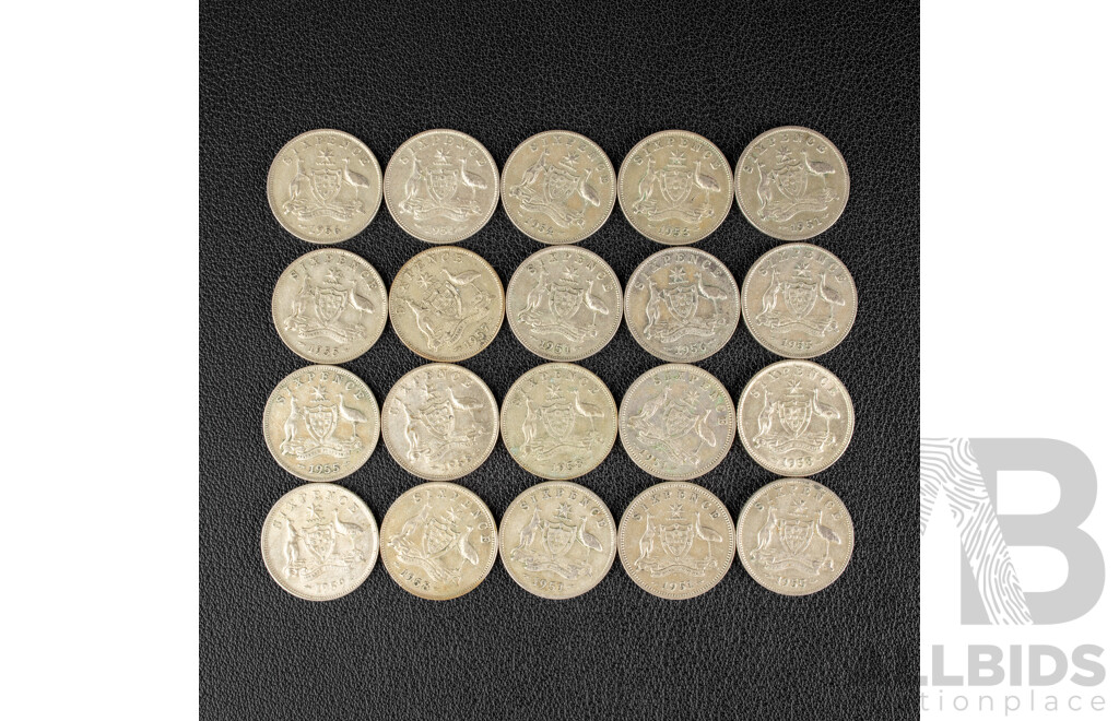 Twenty Australian KGVI/QE2 Silver Sixpence, Examples Spanning 1951 to 1958 .500