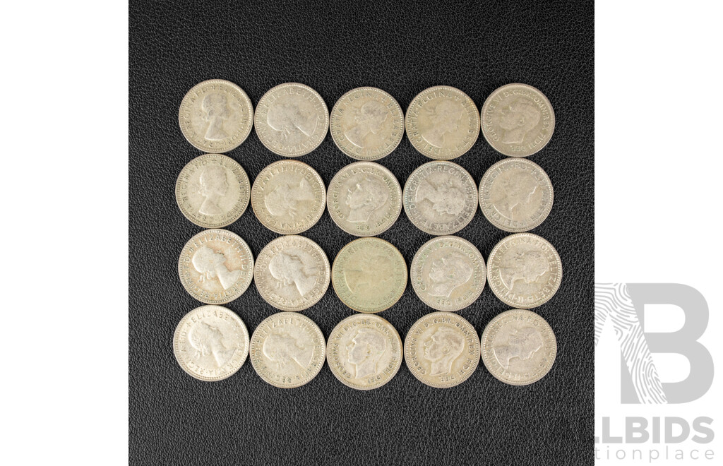 Twenty Australian KGVI/QE2 Silver Sixpence, Examples Spanning 1951 to 1958 .500
