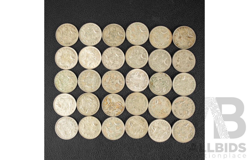 Thirty Australian KGVI/QE2 Silver Sixpence, Examples Spanning 1951 to 1959 .500