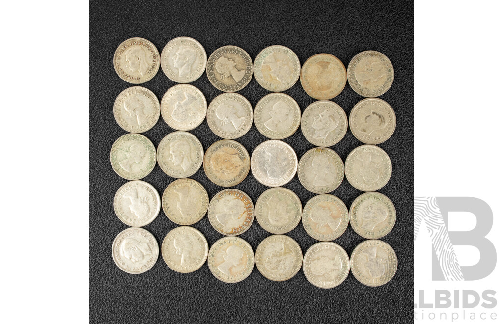 Thirty Australian KGVI/QE2 Silver Sixpence, Examples Spanning 1951 to 1959 .500