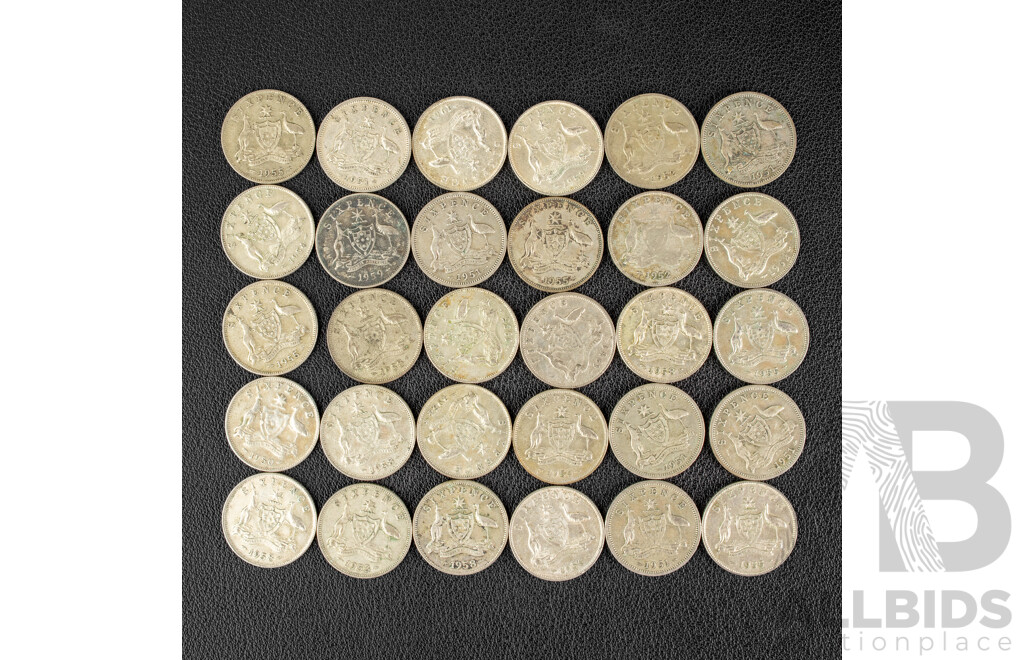Thirty Australian KGVI/QE2 Silver Sixpence, Examples Spanning 1950 to 1959 .500