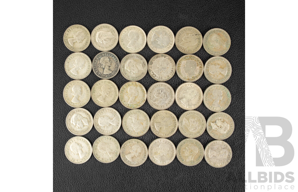 Thirty Australian KGVI/QE2 Silver Sixpence, Examples Spanning 1950 to 1959 .500