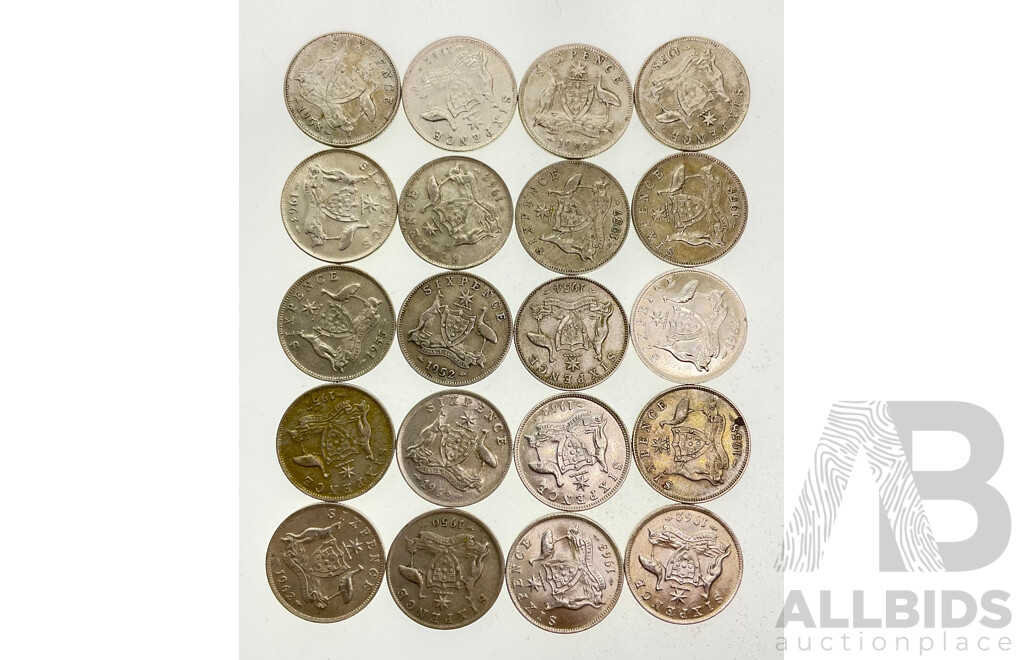 Twenty Australian KGVI/QE2 Silver Sixpence, Examples Spanning 1950 to 1963 .500