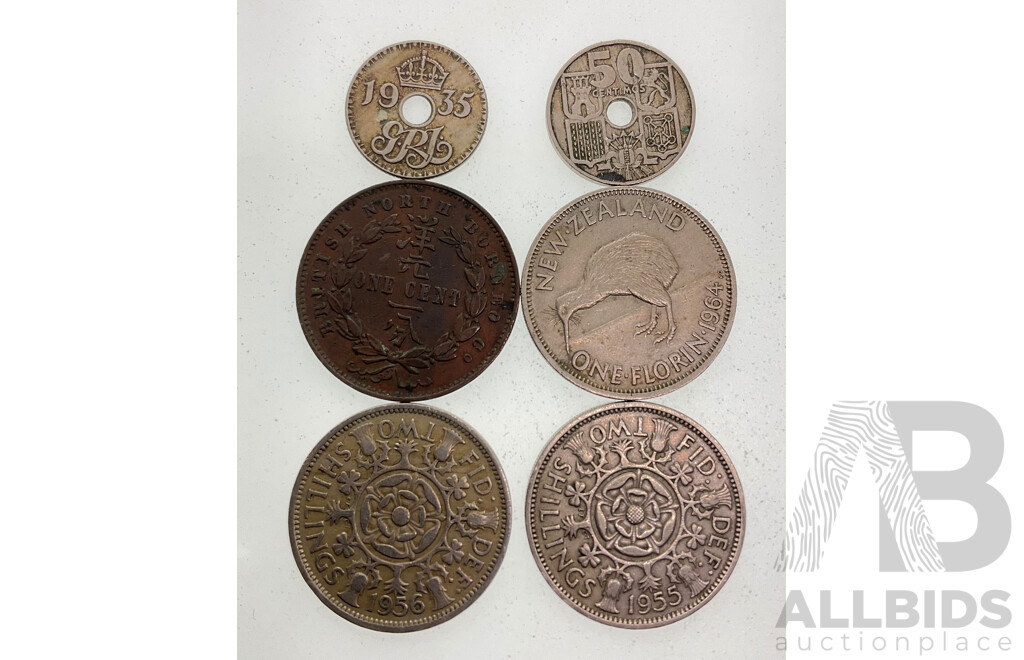 Territory of New Guinea 1935 Sixpence, Spain 1949 Fifty Centimos British North Borneo Company 1889 One Cent Coin, United Kingdom 1955, 1956 Two Shillings, New Zealand 1964 Florin