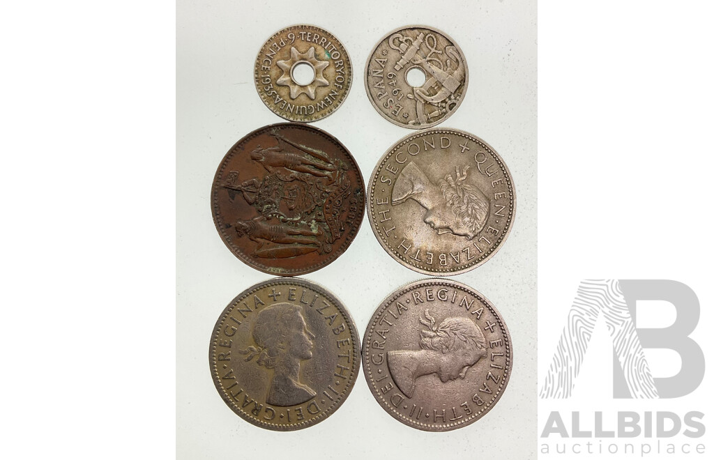 Territory of New Guinea 1935 Sixpence, Spain 1949 Fifty Centimos British North Borneo Company 1889 One Cent Coin, United Kingdom 1955, 1956 Two Shillings, New Zealand 1964 Florin