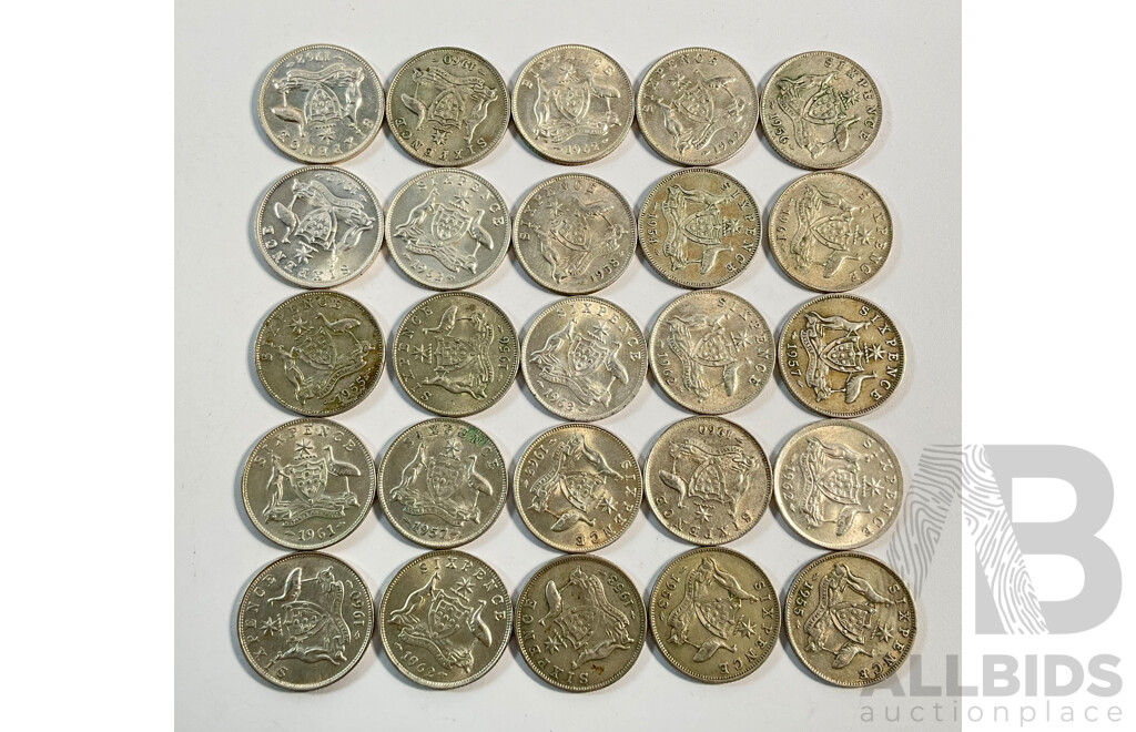 Twenty Five Australian QE2 Silver Sixpence, Examples Spanning 1953 to 1963 .500
