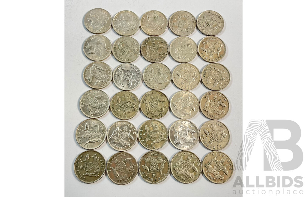 Thirty Australian KGVI/QE2 Silver Sixpence, Examples Spanning 1948 to 1963 .500