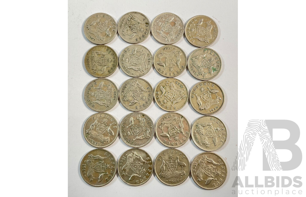 Twenty Australian KGVI/QE2 Silver Sixpence, Examples Spanning 1946 to 1960 .500