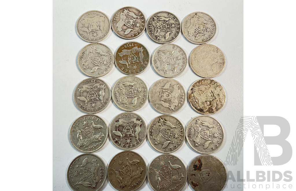 Twenty Eight Australian KGV/KGVI Silver Sixpence, Examples Spanning 1911 to 1945 Including 1917M .925