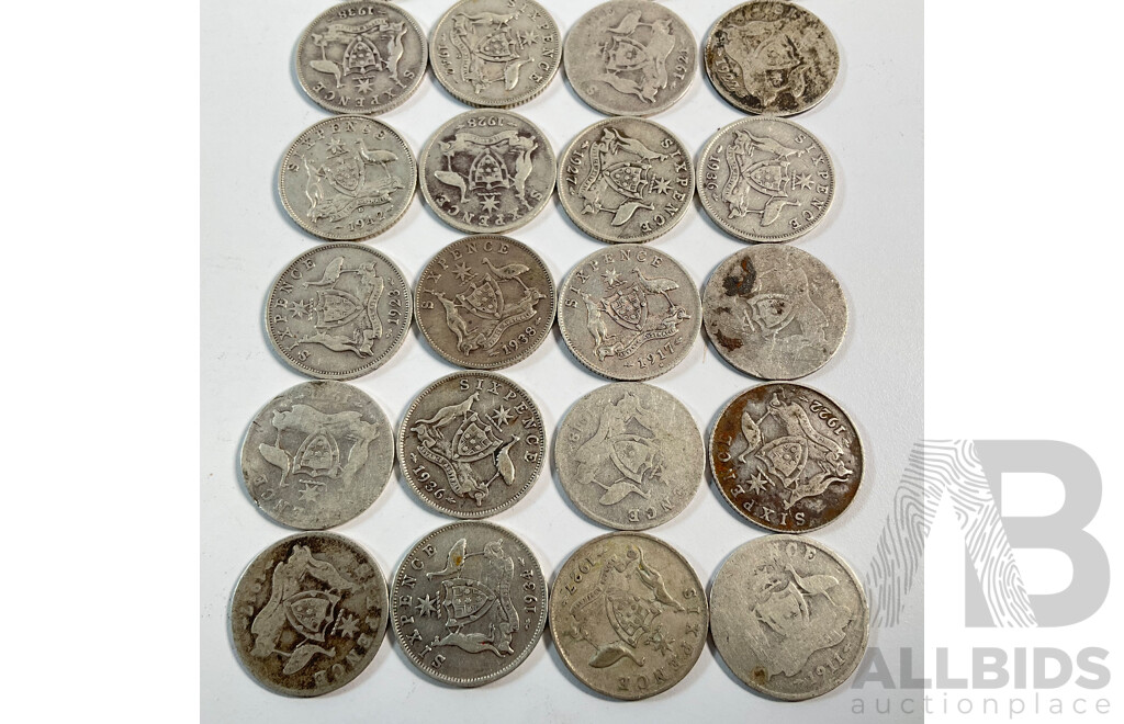 Twenty Eight Australian KGV/KGVI Silver Sixpence, Examples Spanning 1911 to 1945 Including 1917M .925