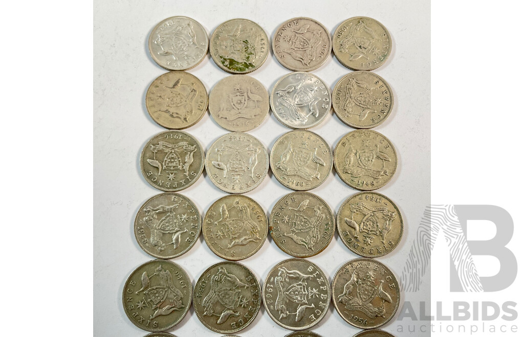 Twenty Five Australian Silver Sixpence with Three Silver Threepence, Examples Spanning 1910 to 1963