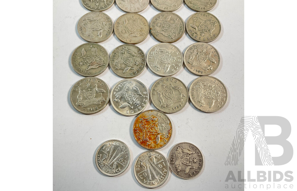 Twenty Five Australian Silver Sixpence with Three Silver Threepence, Examples Spanning 1910 to 1963