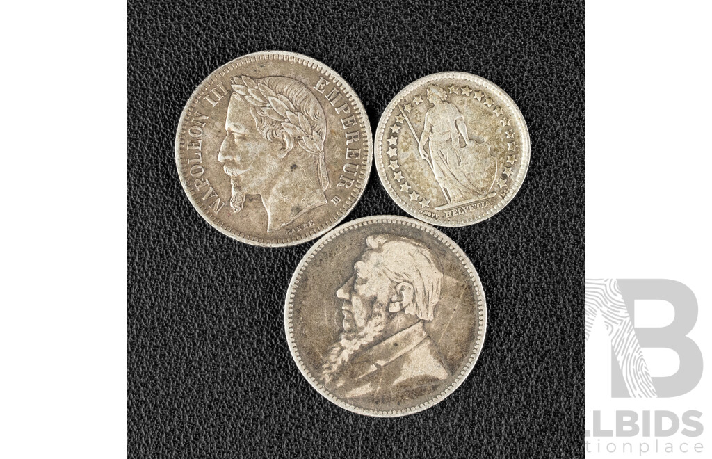 Three Silver Coins Including South Africa 1892 One Shilling, France 1866 Napoleon III One Franc and 1943 Half Franc