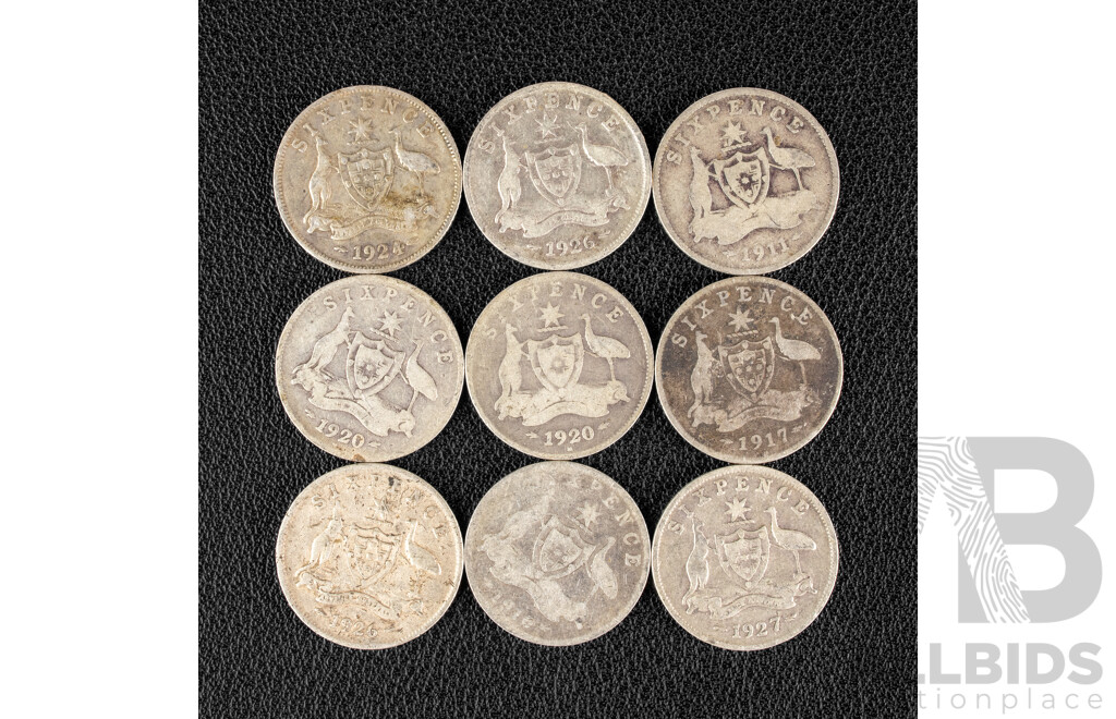 Nine Australian KGV Silver Sixpence Including 1911, 1916, 1917, 1920(2) 1924, 1926(2) 1927 .925