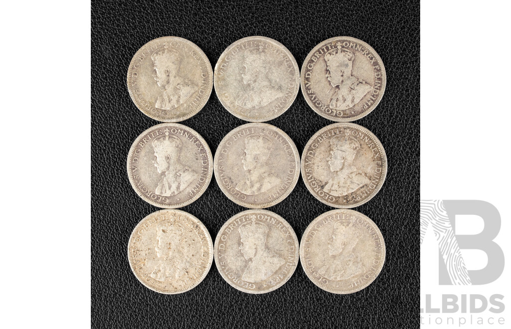 Nine Australian KGV Silver Sixpence Including 1911, 1916, 1917, 1920(2) 1924, 1926(2) 1927 .925